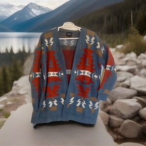 Aztec Pattern Heimish Open Long Cardigan 2 Big pockets Women's Sz M/L‎ Blue/red